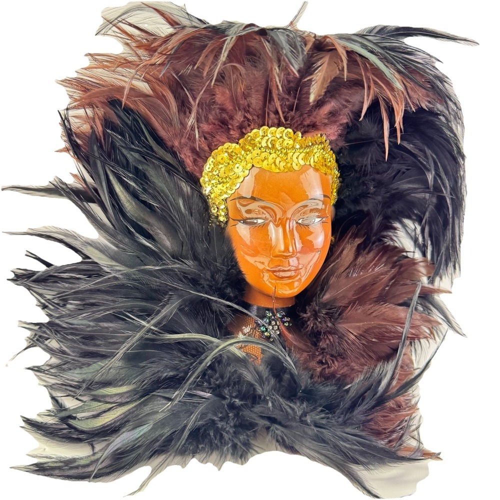 Vintage African American Porcelain Wall Mask Feather Headdress Black Queen